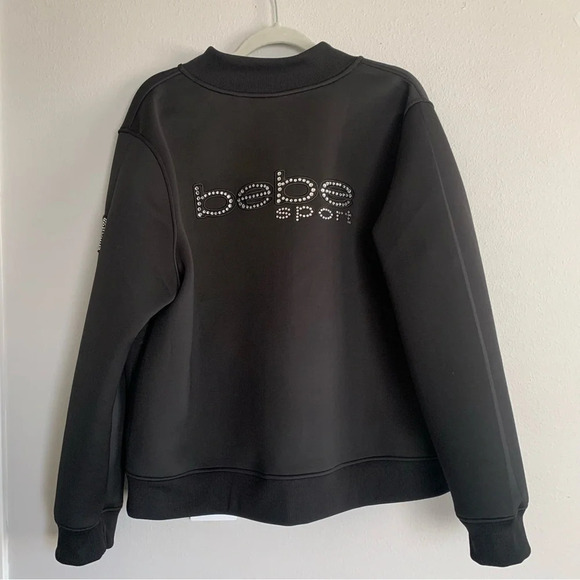 Bebe Black Moto Bomber Logo Jacket Size 2XL Rhinestones Sequin Jacket Y2K - Picture 1 of 11